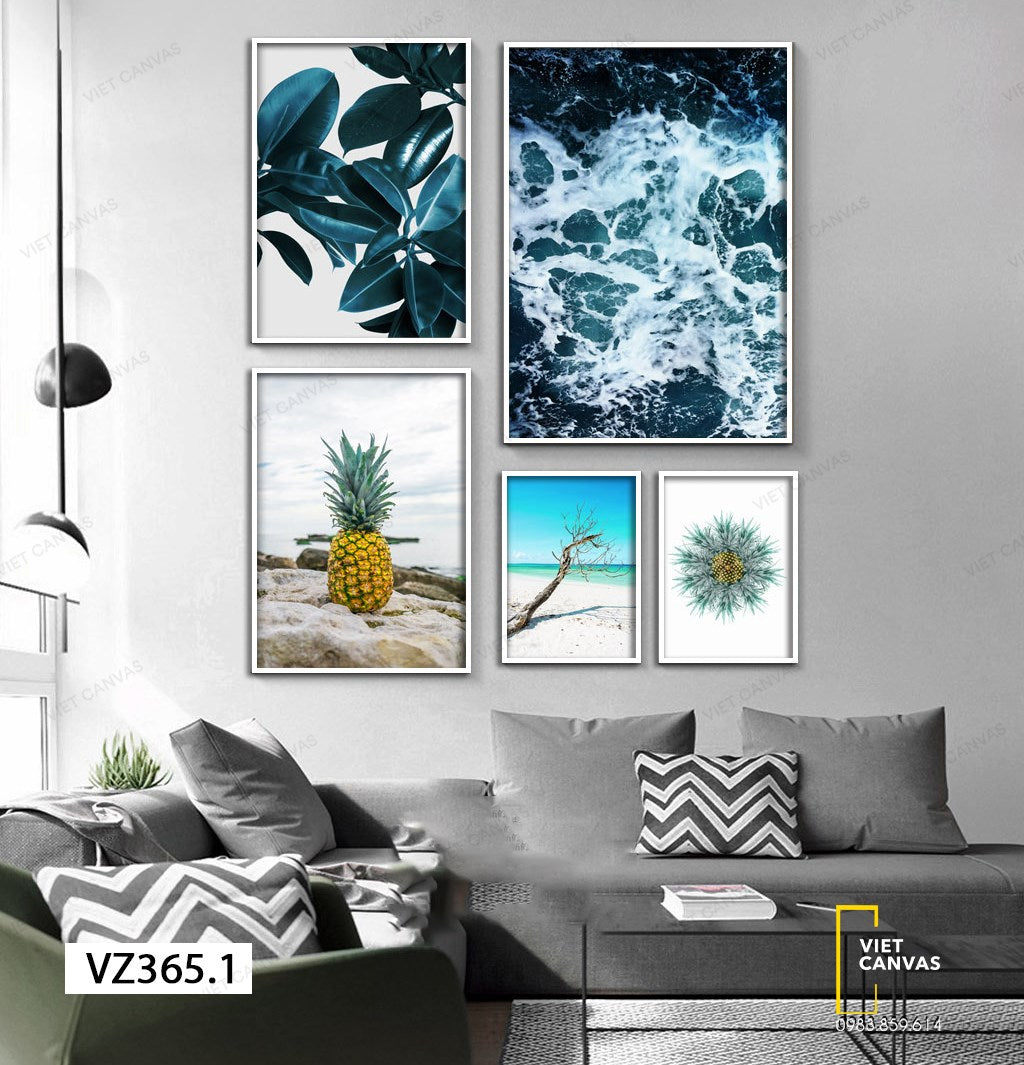 Bộ 5 Tranh Lá Cây Xanh, Quả Dứa, Biển Cả Và Cành Cây Khô - VZ365.1