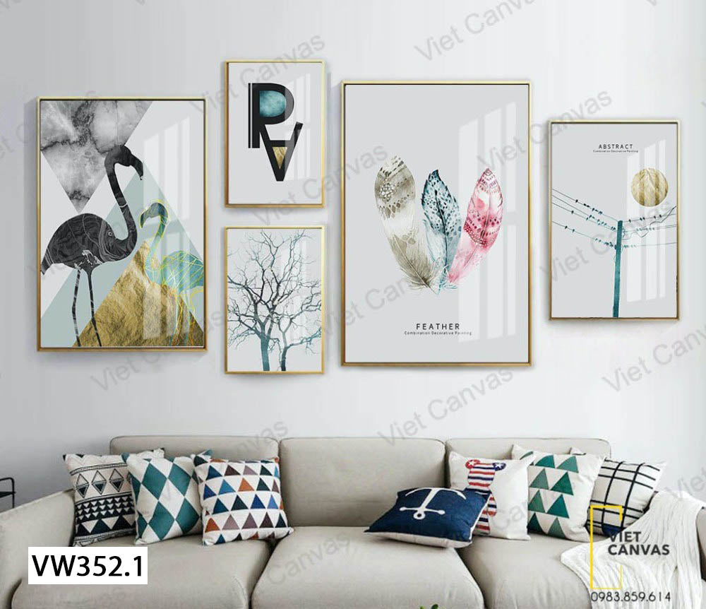 Bộ 5 Tranh Chú Hạc, Lông Vũ, Cây Khô Và Cột Điện - VW352.1