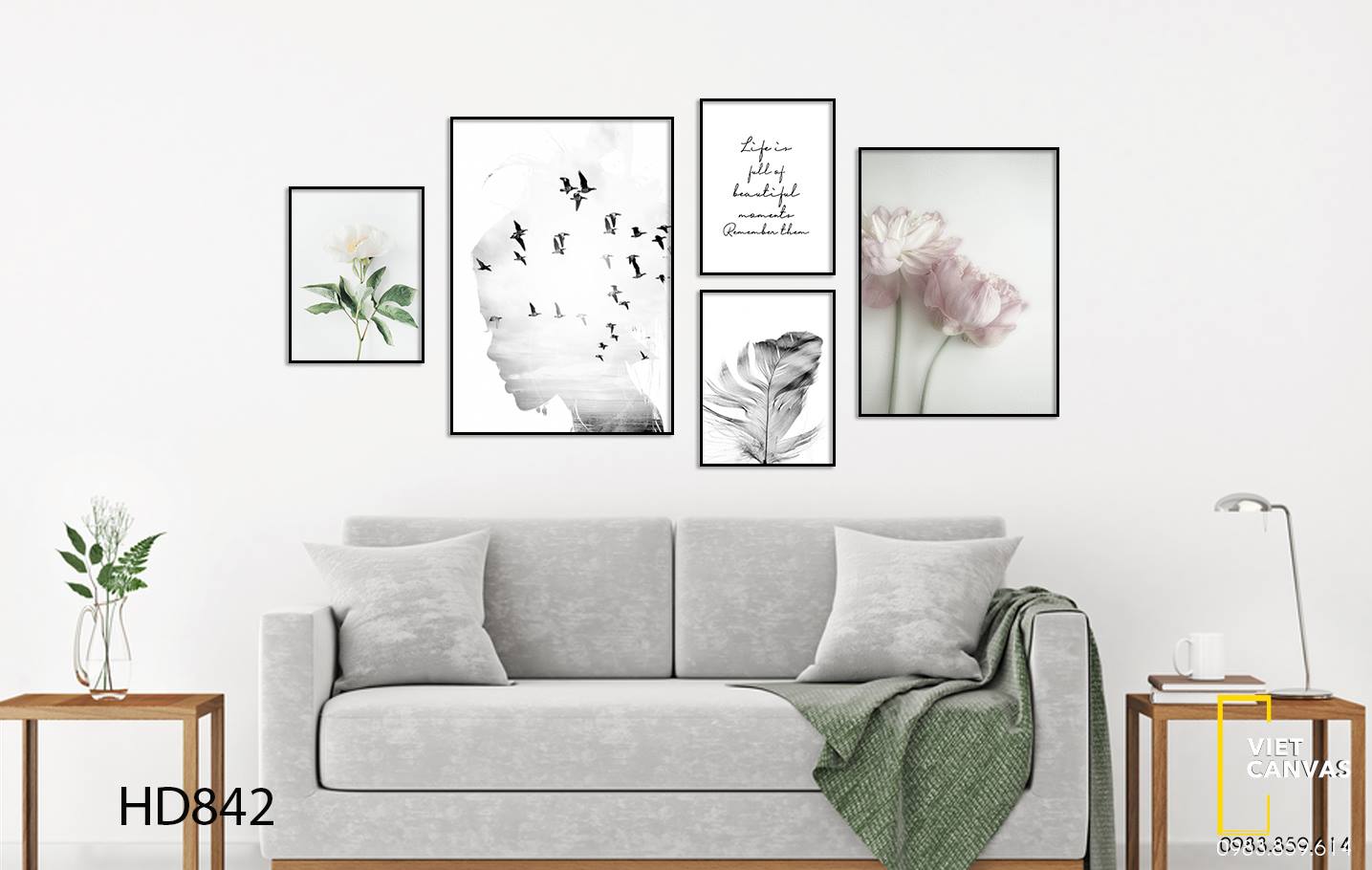 Bộ 5 Tranh Đàn Chim Bay, Hoa Lá Và Quotes - HD842