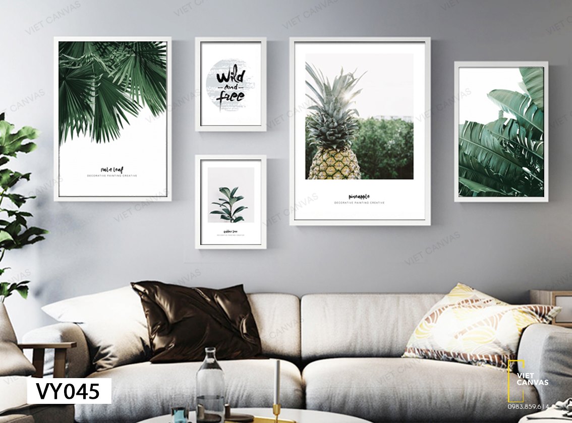 Bộ 5 Tranh Rừng Lá Cây Xanh, Quả Dứa Và Quotes - VY045