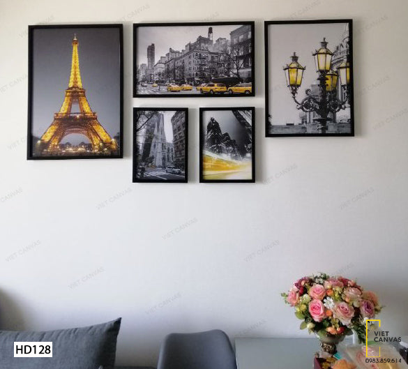 Bộ 5 Tranh Thành Phố Paris Dưới Ánh Đèn - HD128
