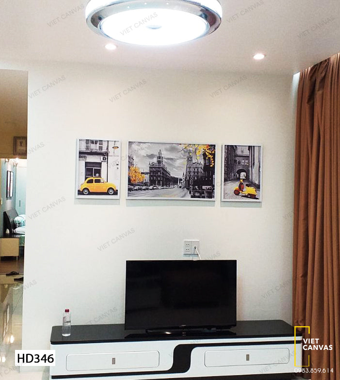 Bộ 3 Tranh Thành Phố Và Những Chiếc Xe Màu Gold - HD346