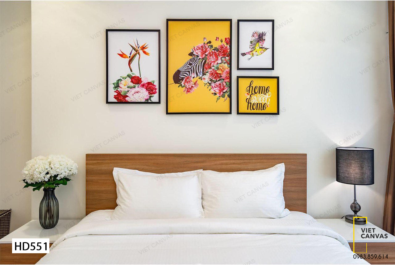 Bộ 4 Tranh Vườn Hoa, Chú Chim, Ngựa Vằn Và Quotes - HD551