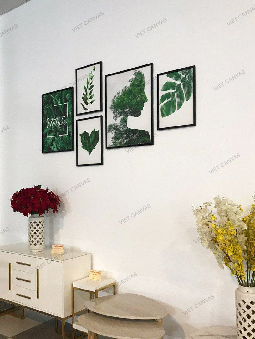 Bộ 5 Tranh Lá Cây Xanh Và Hình Mặt Cô Gái - HD797