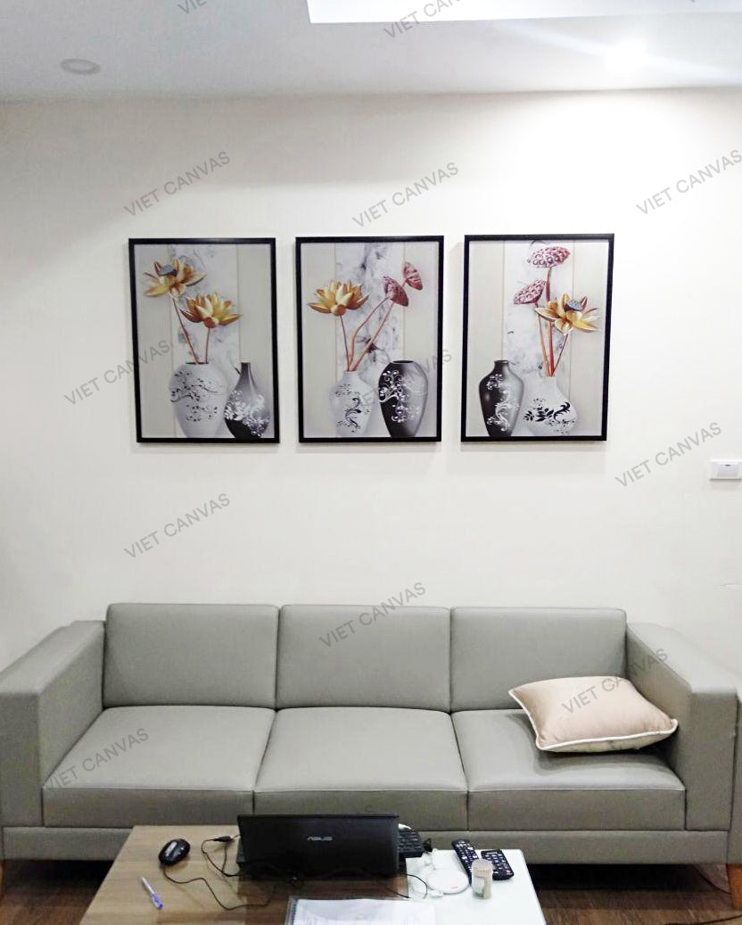 Bộ 3 Tranh Bình Hoa Sen Vàng - NT167