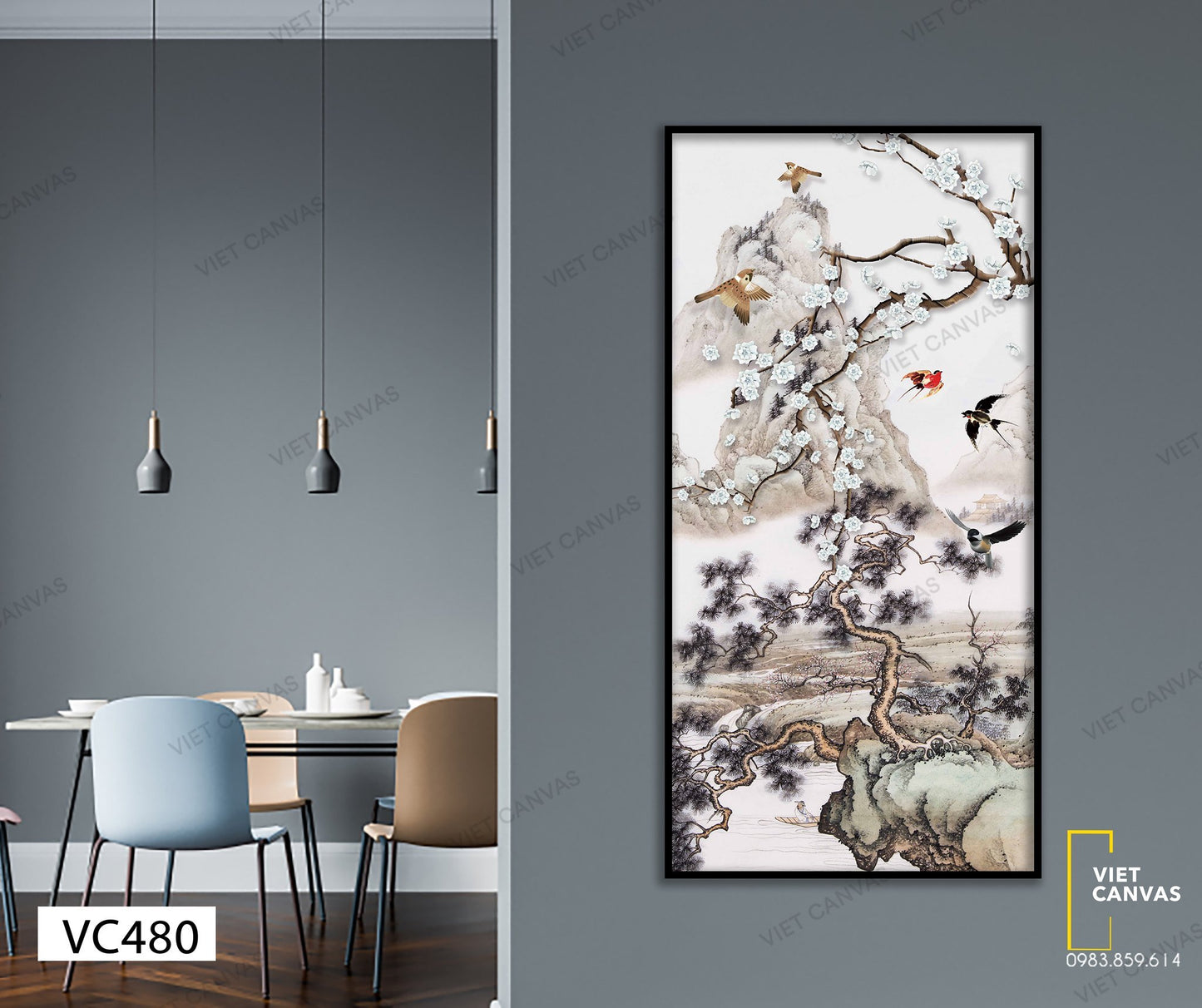 Tranh Đàn Chim Và Cành Hoa Trắng - VC480