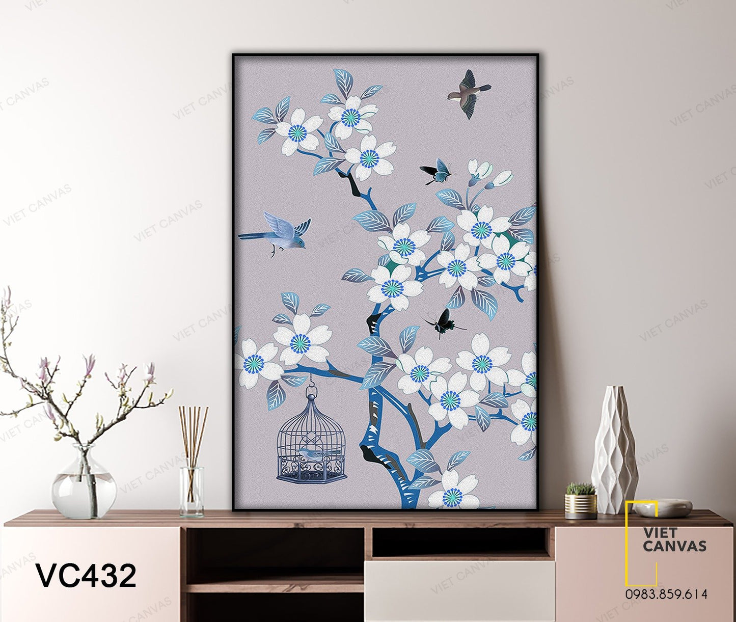 Tranh Lồng Chim Treo Trên Cây Hoa Trắng - VC432