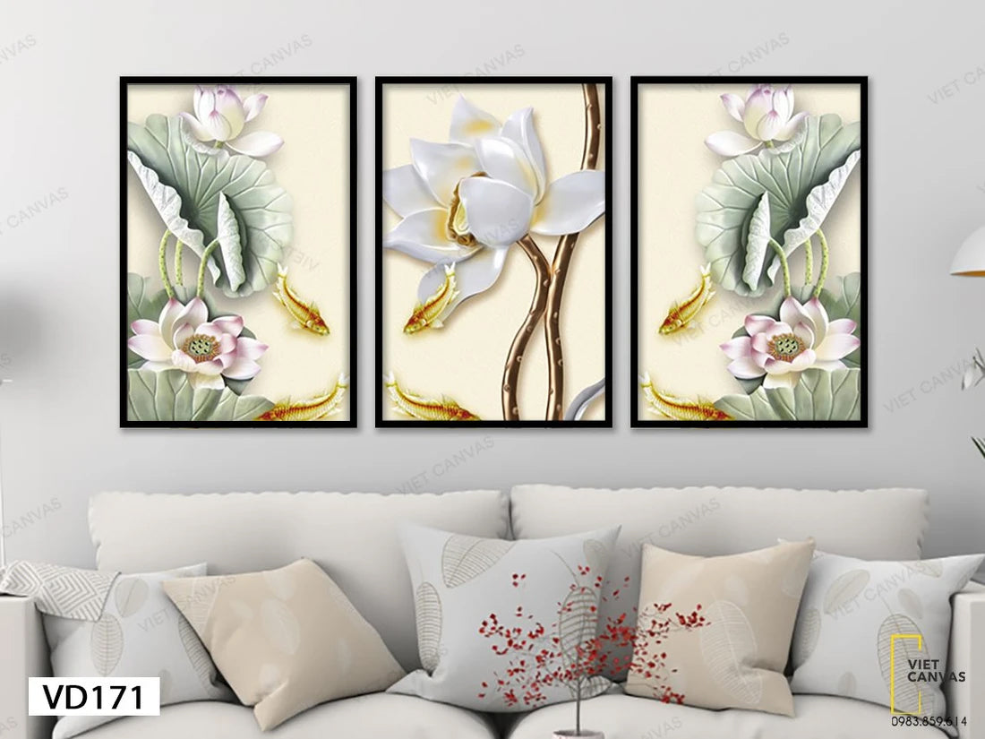 Bộ 3 Tranh Đàn Cá Chép Bơi Lội Dưới Đầm Sen - VD171