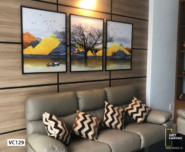 Bộ 3 Tranh Cây Cô Đơn Giữa Bầy Hươu Bên Bờ Sông - VC129