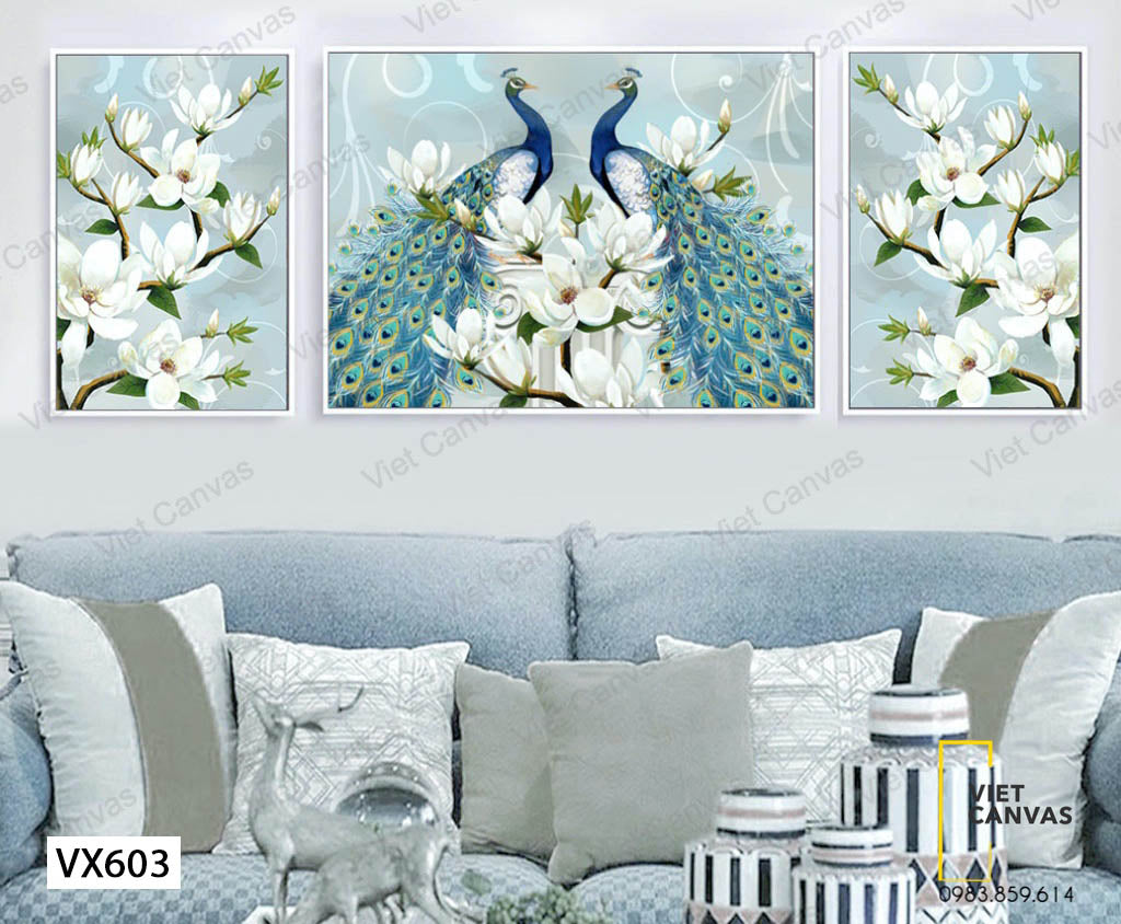 Bộ 3 Tranh Đôi Chim Công Trên Cành Hoa - VX603