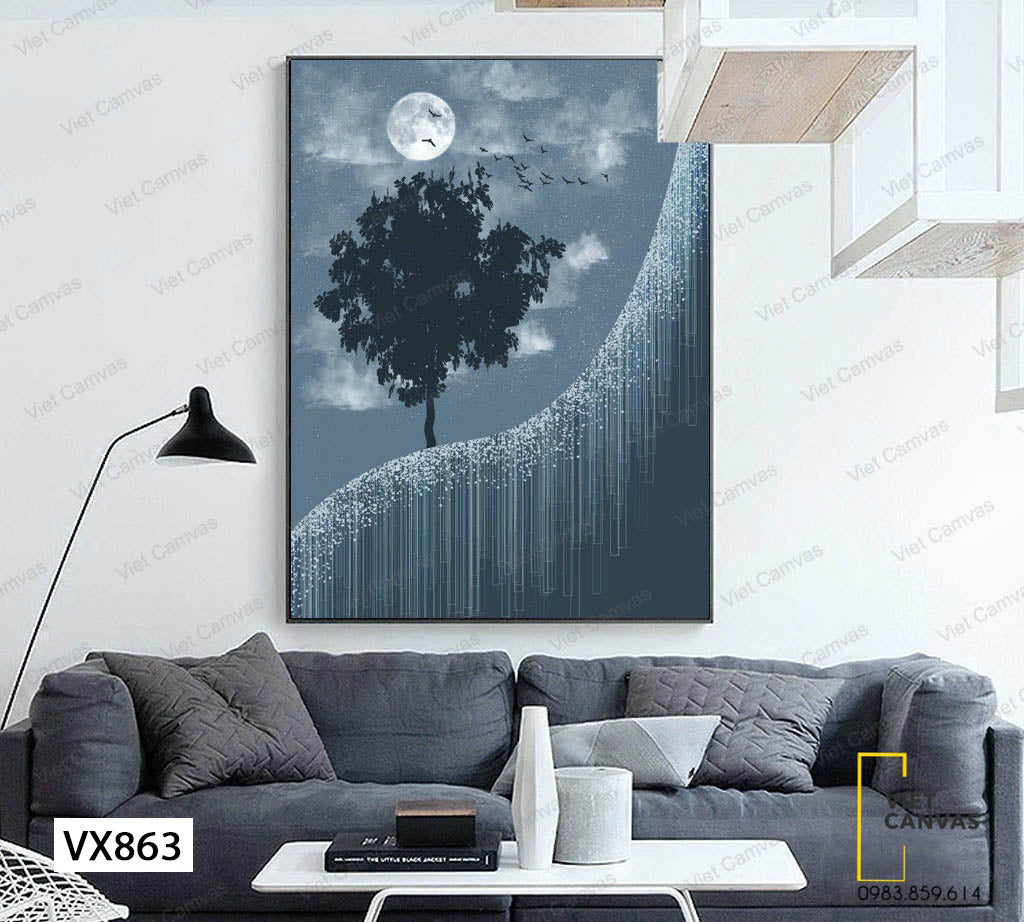 Tranh Cây Xanh Và Đàn Chim Bay Dưới Ánh Trăng - VX863