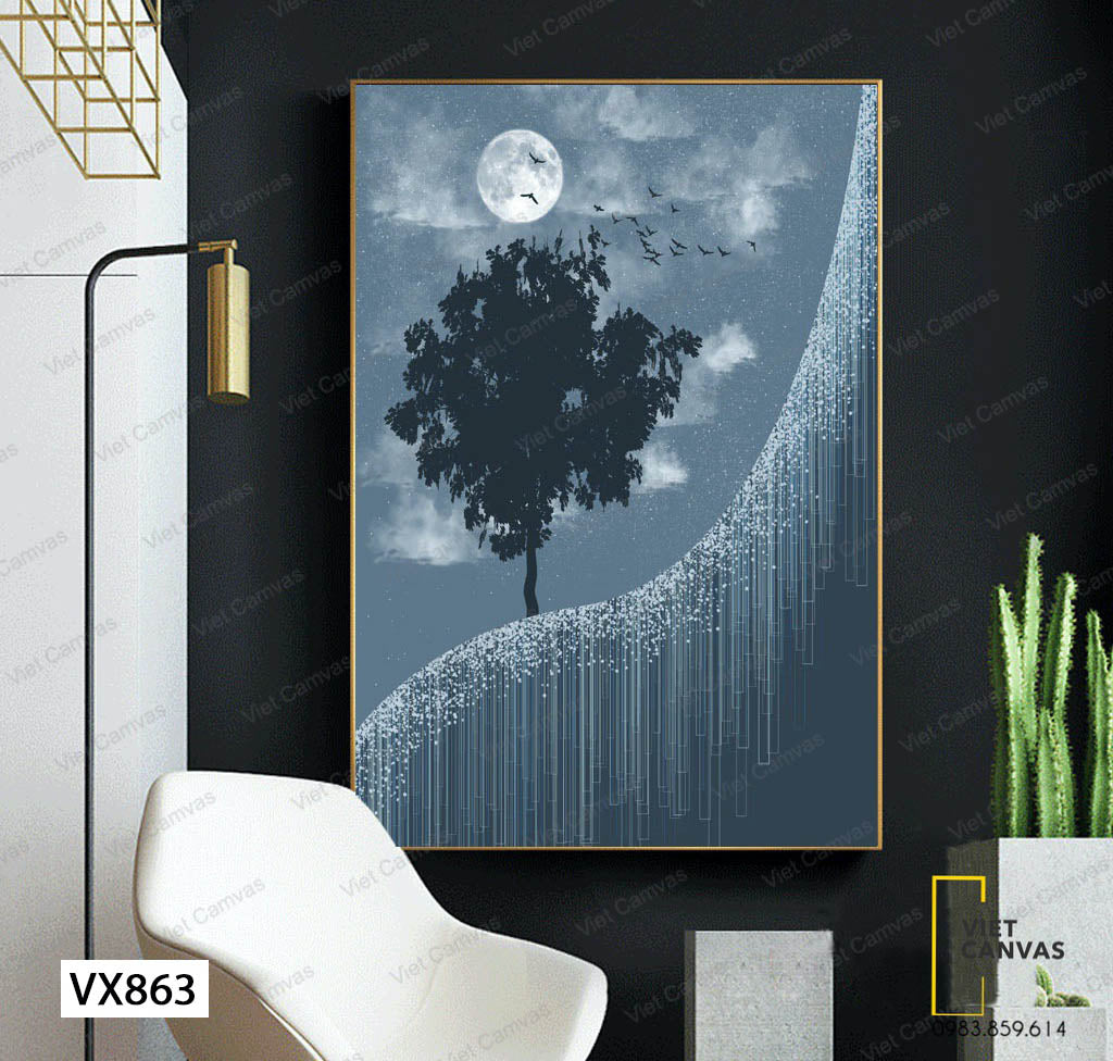 Tranh Cây Xanh Và Đàn Chim Bay Dưới Ánh Trăng - VX863