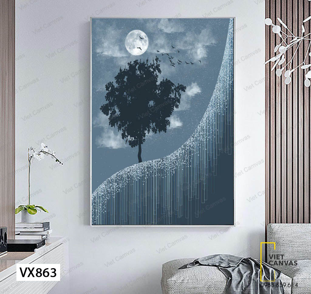 Tranh Cây Xanh Và Đàn Chim Bay Dưới Ánh Trăng - VX863