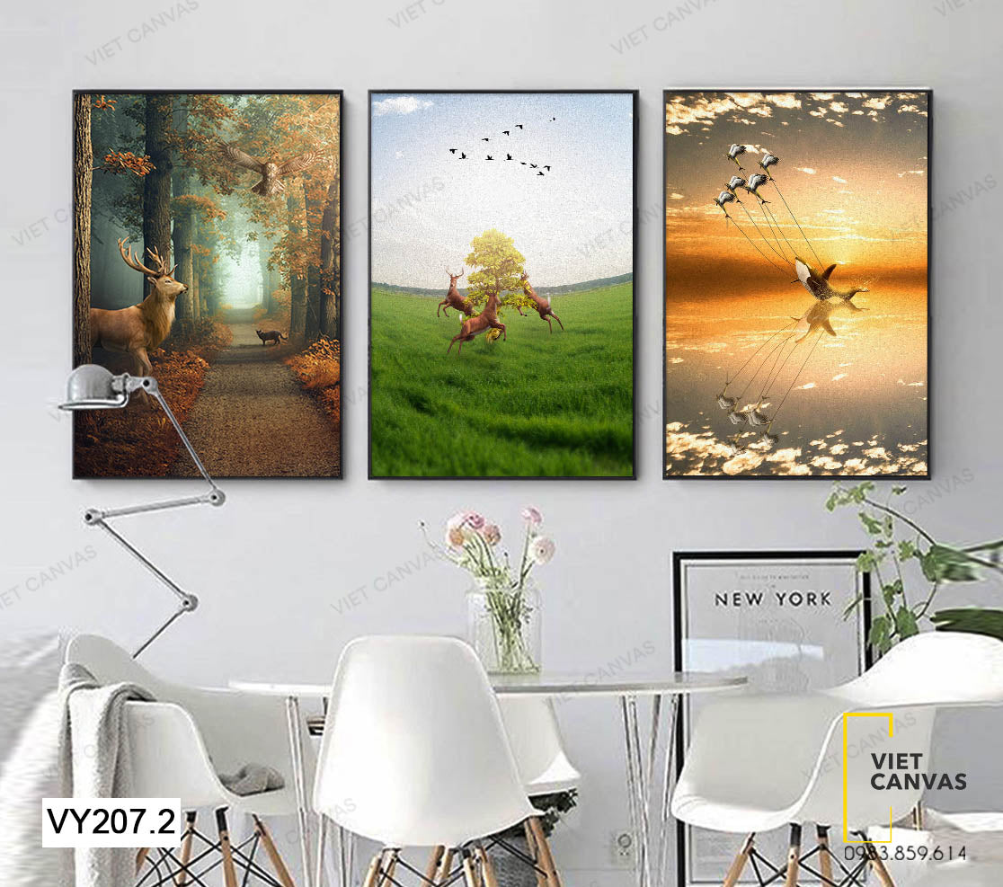 Bộ 3 Tranh Chú Mèo, Đàn Hươu, Cú Mèo, Cá Heo Và Đàn Chim - VY207.2