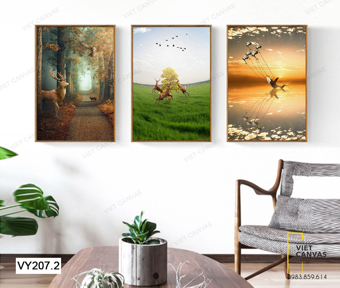 Bộ 3 Tranh Chú Mèo, Đàn Hươu, Cú Mèo, Cá Heo Và Đàn Chim - VY207.2