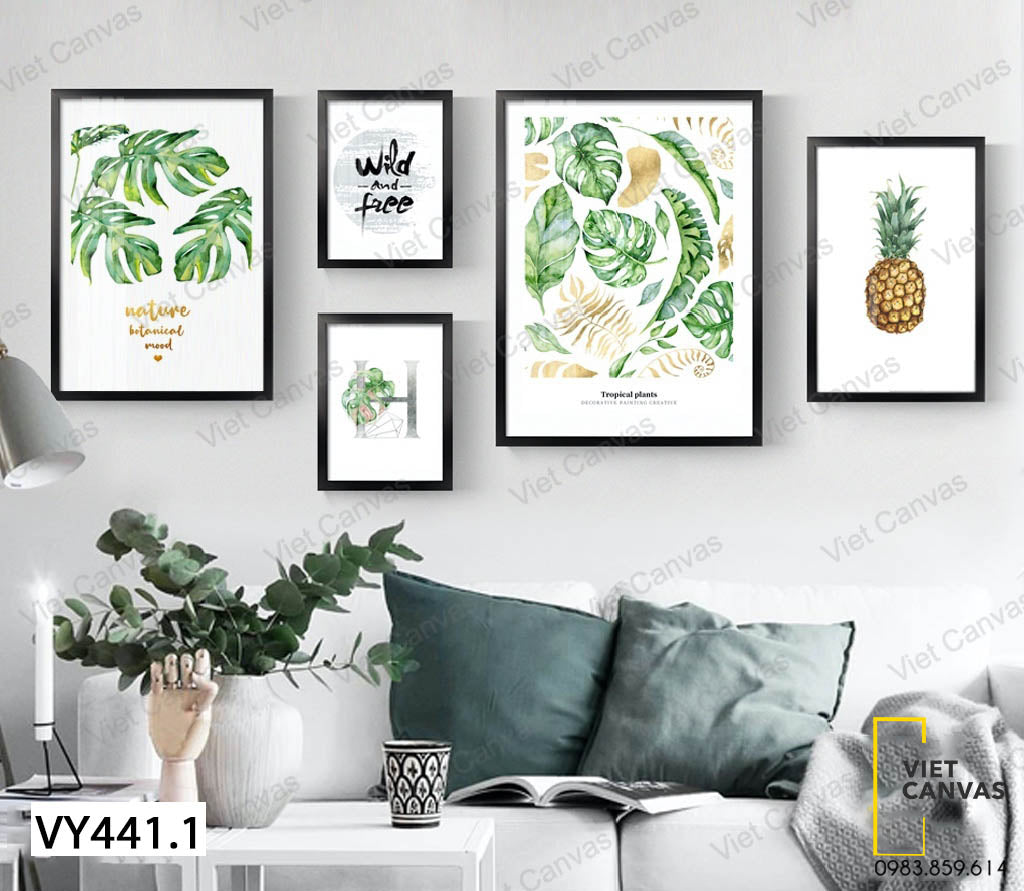 Bộ 5 Tranh Lá Xanh, Trái Dứa Và Quotes - VY441.1