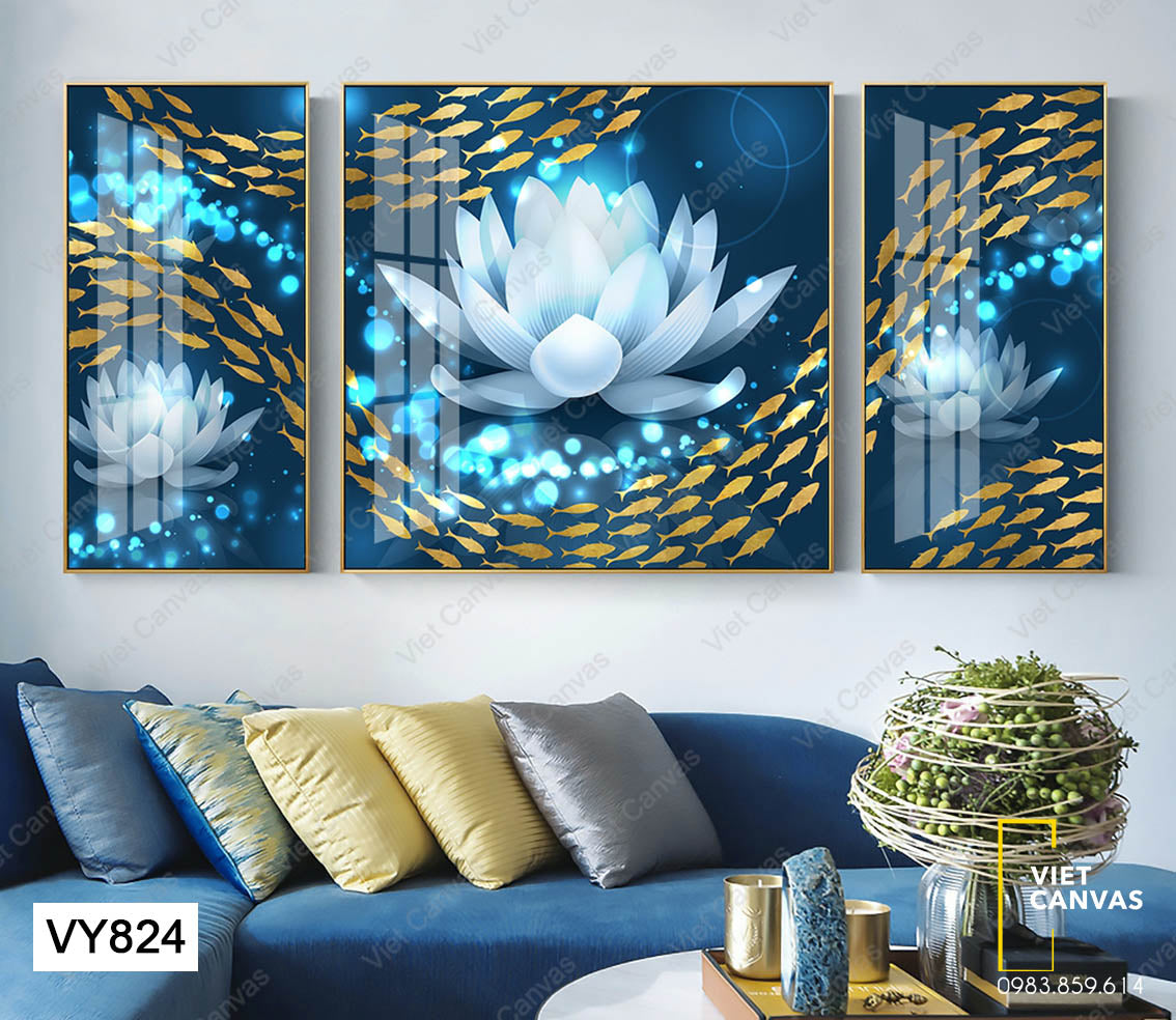 Bộ 3 Tranh Đóa Hoa Sen Và Đàn Cá - VY824