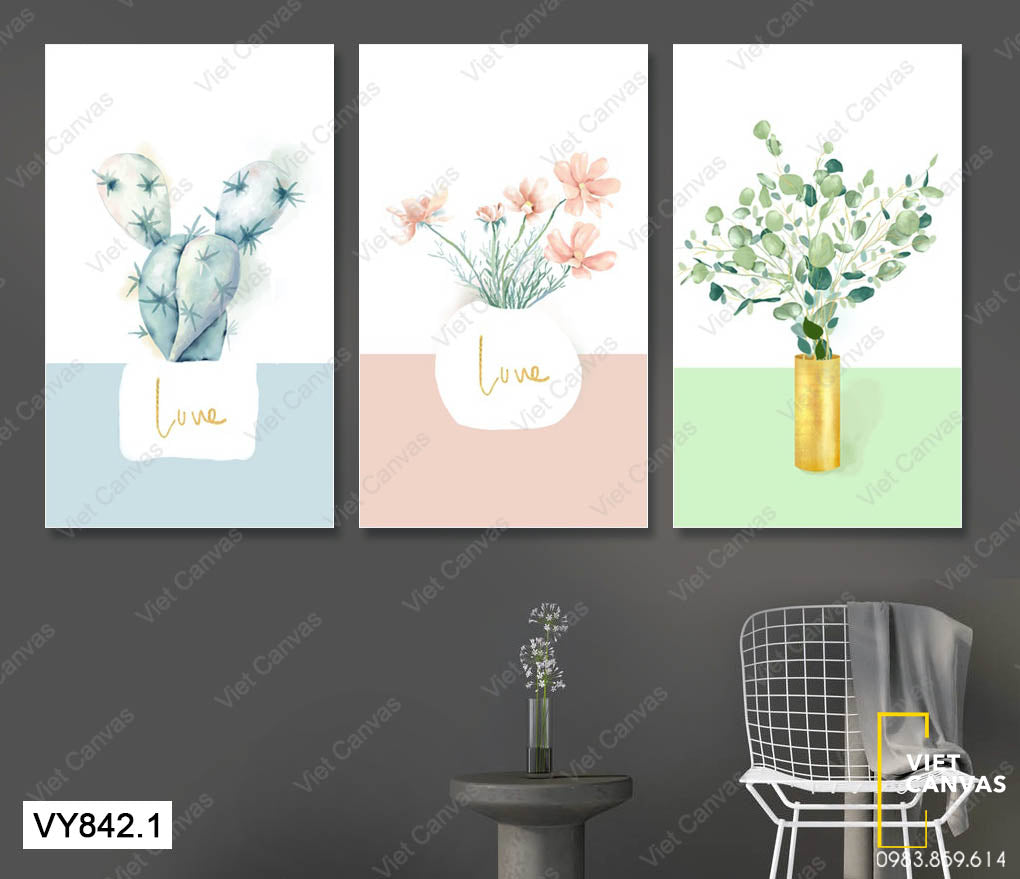 Bộ 3 Tranh Chậu Cây Hoa Lá Và Xương Rồng - VY842.1