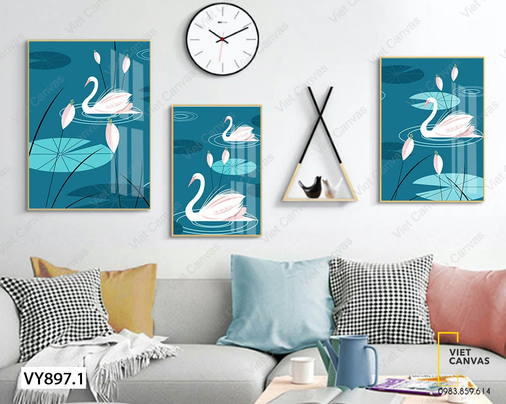 Bộ 3 Tranh Thiên Nga Dưới Đầm Sen Nước - VY897.1