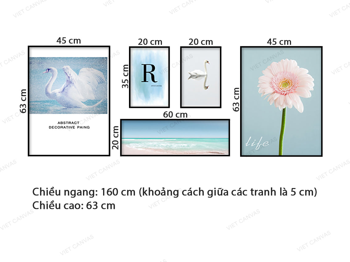 Bộ 5 Tranh Thiên Nga Trắng, Hoa, Biển Cả Và Quotes - VZ607