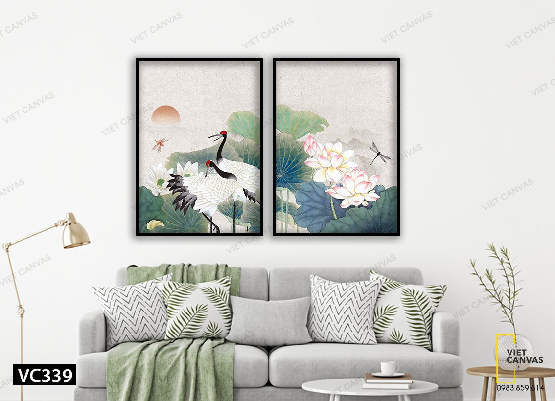 Bộ 2 Tranh Đôi Hạc Trong Đầm Sen - VC339