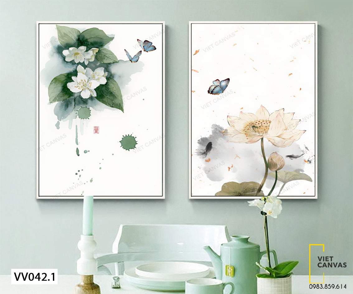 Bộ 2 Tranh Hoa Nở Và Đàn Bướm Bướm - VV042.1