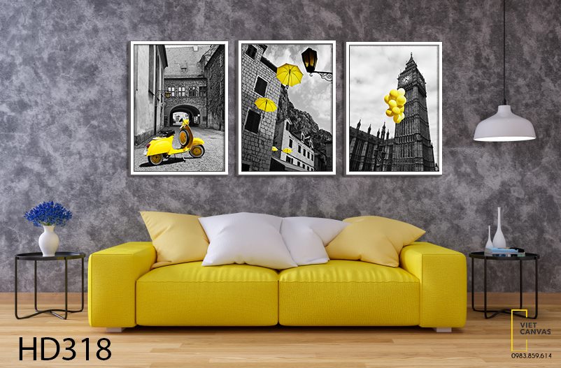 Bộ 3 Tranh Chiếc Ô, Xe Máy Và Những Quả Bong Bóng Bên Khu Phố - HD318