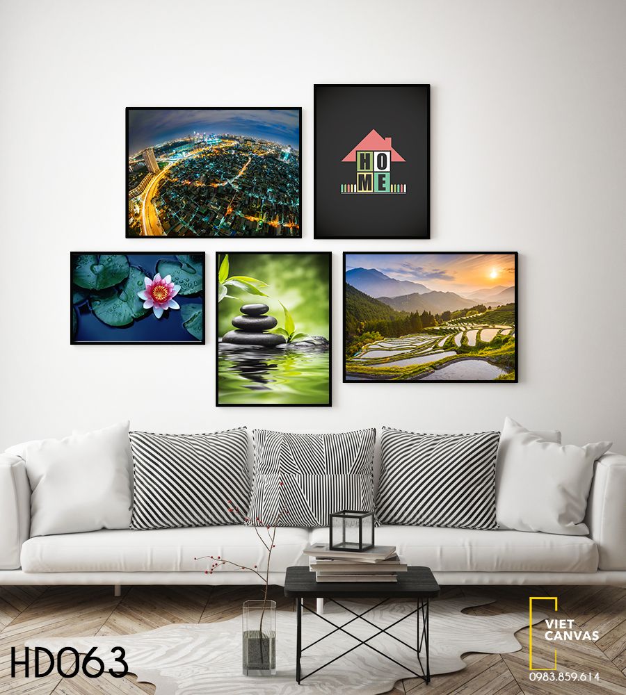 Bộ 5 Tranh Cảnh Thành Phố, Hoa Súng, Ruộng Bậc Thang, Hồ Nước Và Quotes - HD063
