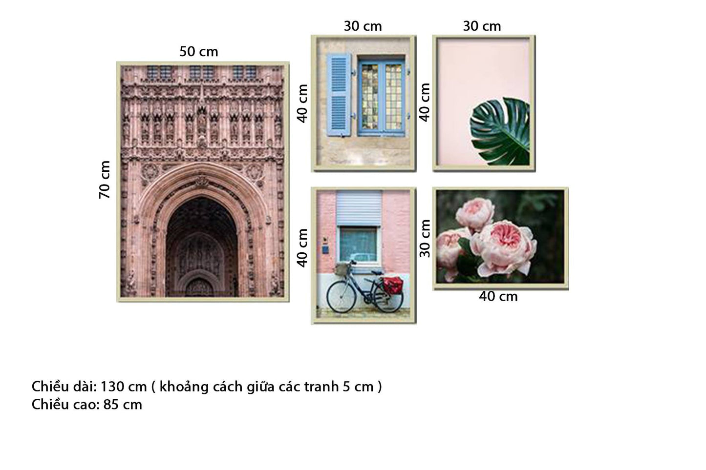 Bộ 5 Tranh Chiếc Xe, Khung Cửa Sổ, Lá Cây, Hoa Và Tòa Nhà Cổ Điển - HD167