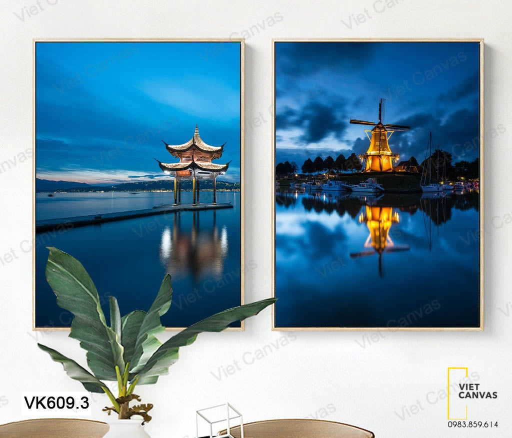 Bộ 2 Tranh Đền Và Cối Xay Gió Giữa Sông - VK609.3