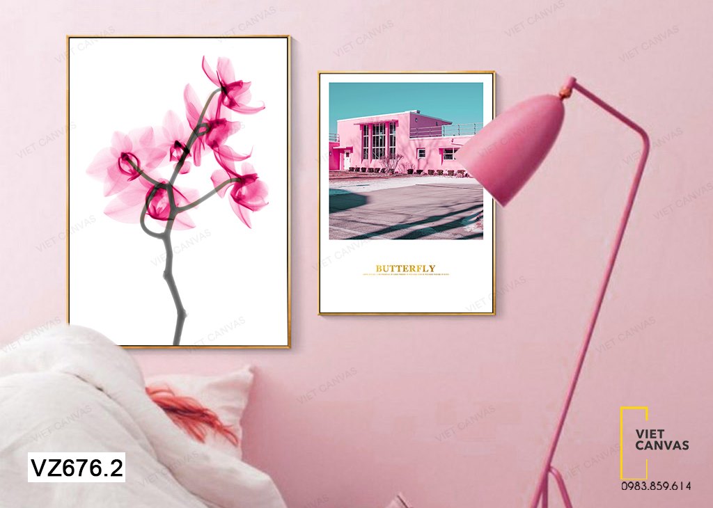 Bộ 2 Tranh Cành Hoa Và Căn Nhà Màu Hồng - VZ676.2