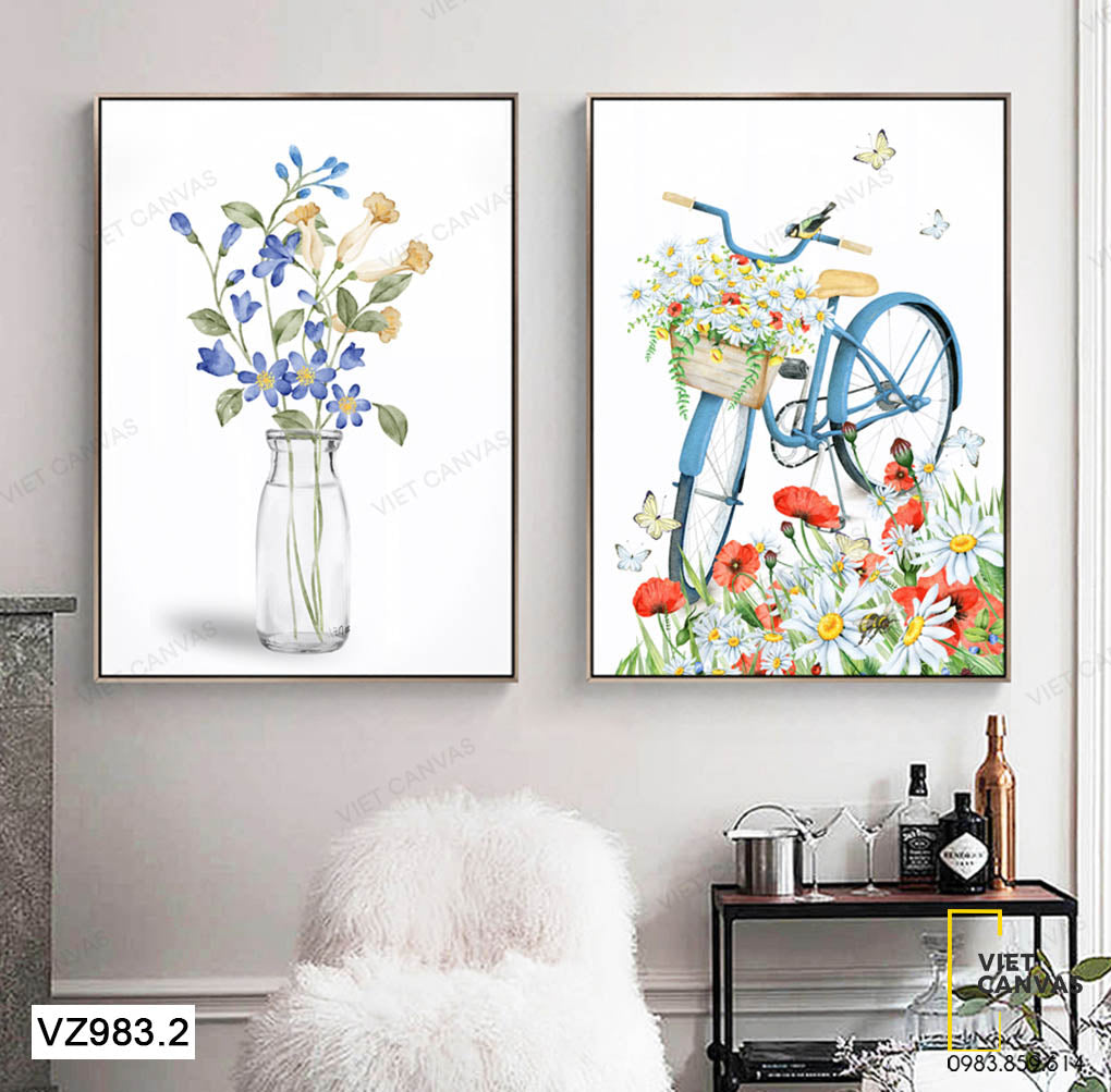 Bộ 2 Tranh Lọ Hoa, Hoa Nở Rộ Bên Đường Và Giỏ Xe - VZ983.2