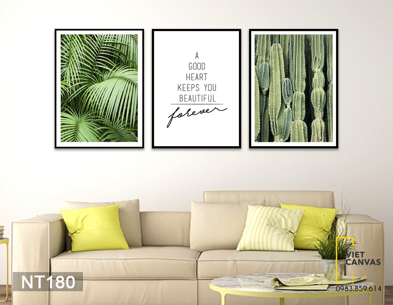 Bộ 3 Tranh Lá Cây Xanh, Xương Rồng Và Quotes A Heart Good Keeps You Beautiful - NT180