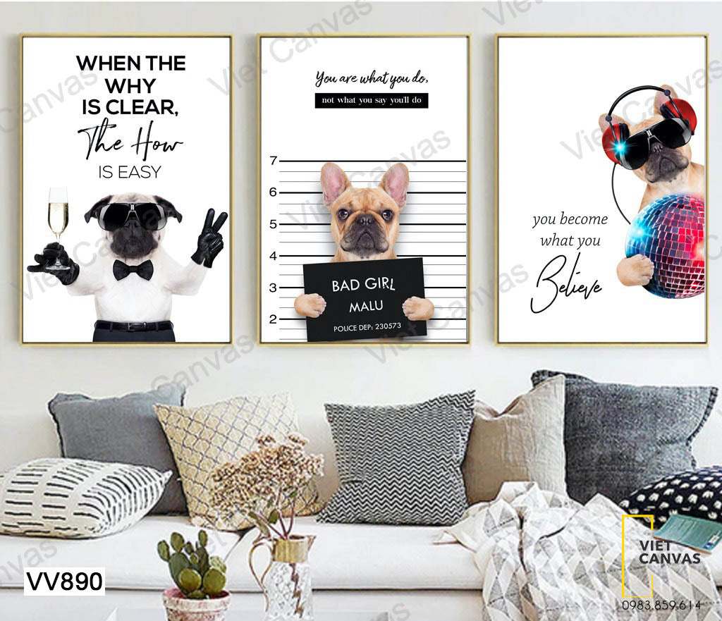 Bộ 3 Tranh Ba Chú Chó Pug - VV890