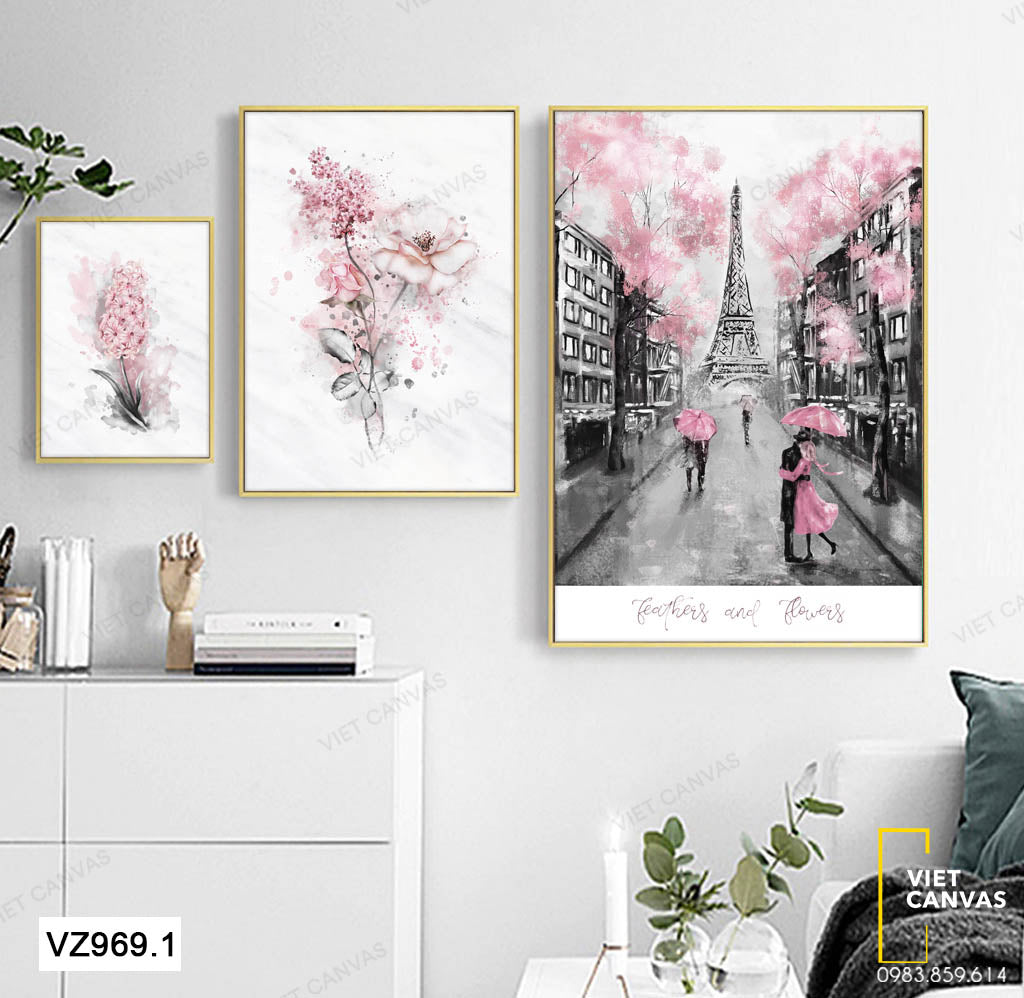 Bộ 3 Tranh Bông Hoa Và Đôi Tình Nhân Trên Phố - VZ969.1