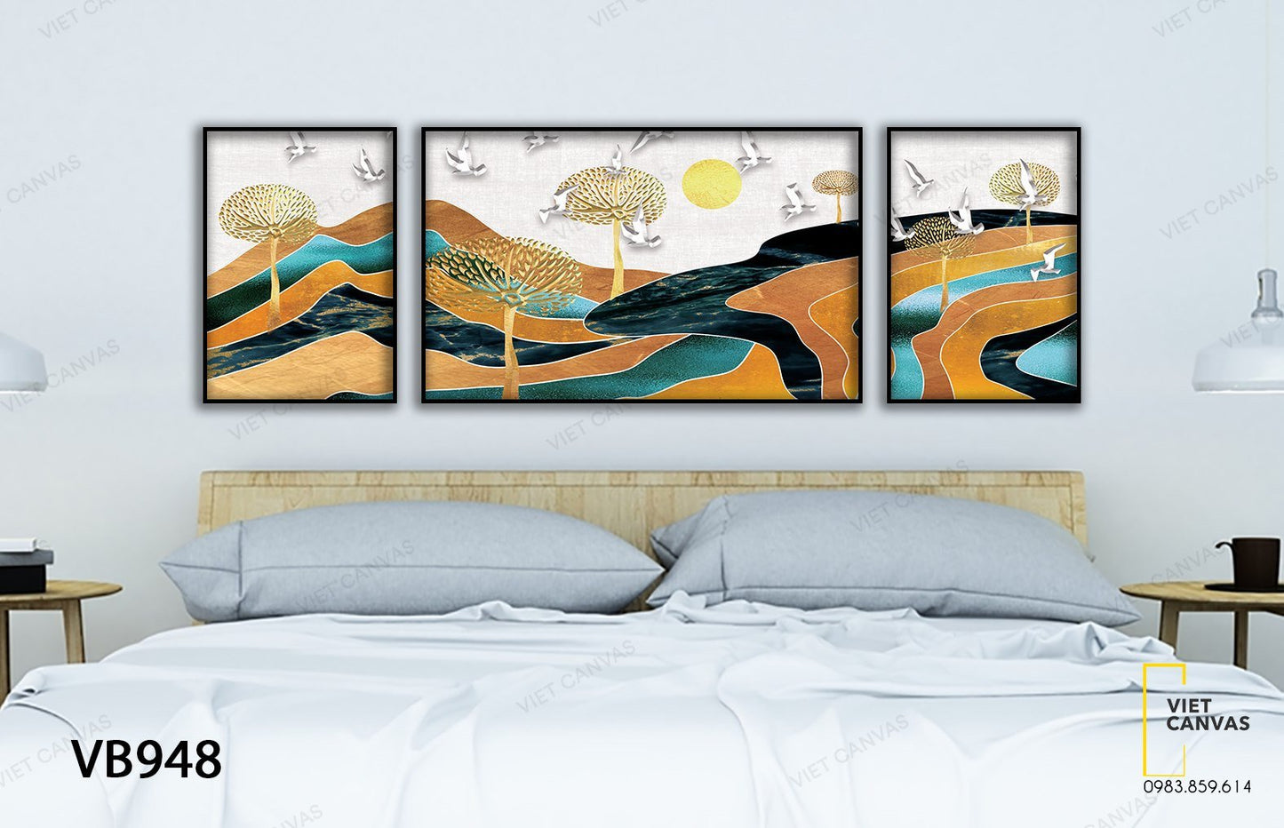 Bộ 3 Tranh Chim Trắng Bay Ở Đồi Núi - VB948