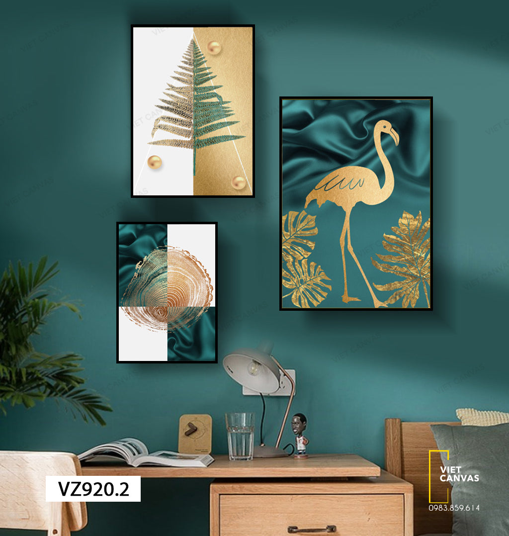 Bộ 3 Tranh Chú Hạc Khoe Sắc Và Lá Cây - VZ920.2