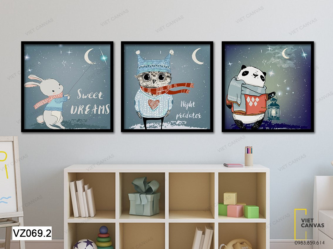 Bộ 3 Tranh Chú Gấu, Cú Mèo Và Bé Thỏ Dễ Thương Trong Đêm Đông - VZ069.2