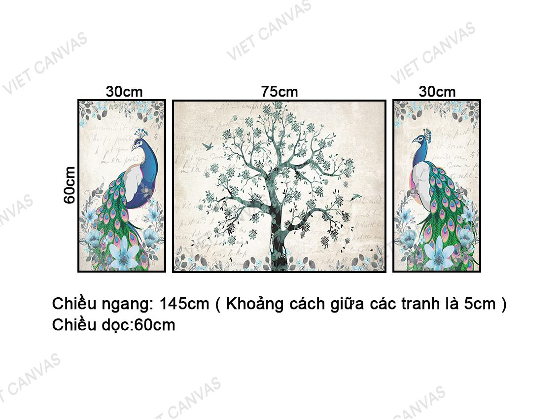 Bộ 3 Tranh Đôi Chim Công Và Cây Hoa - NT377