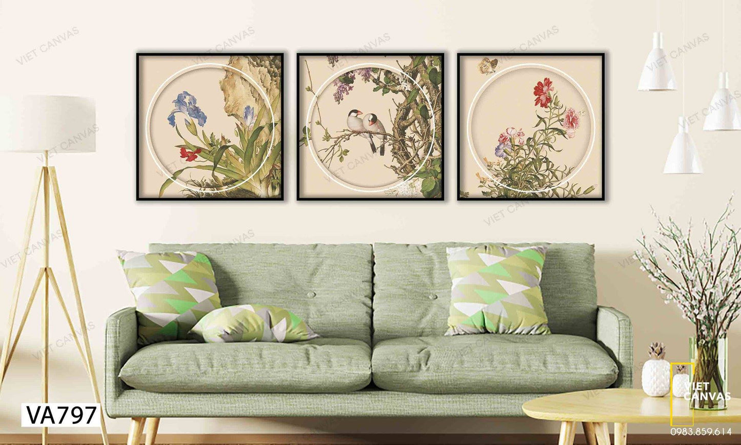 Bộ 3 Tranh Chim Đậu Trên Cành Hoa - VA797