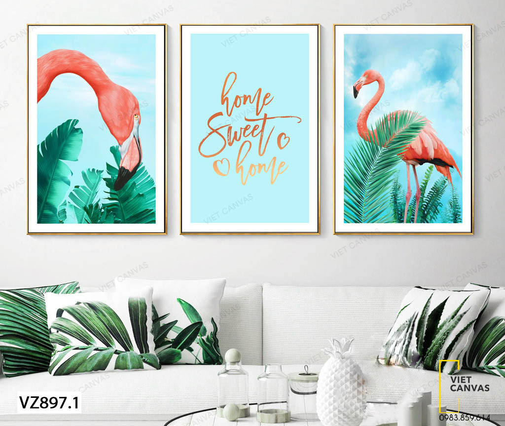 Bộ 3 Tranh Hồng Hạc, Lá Cây Và Quotes - VZ897.1