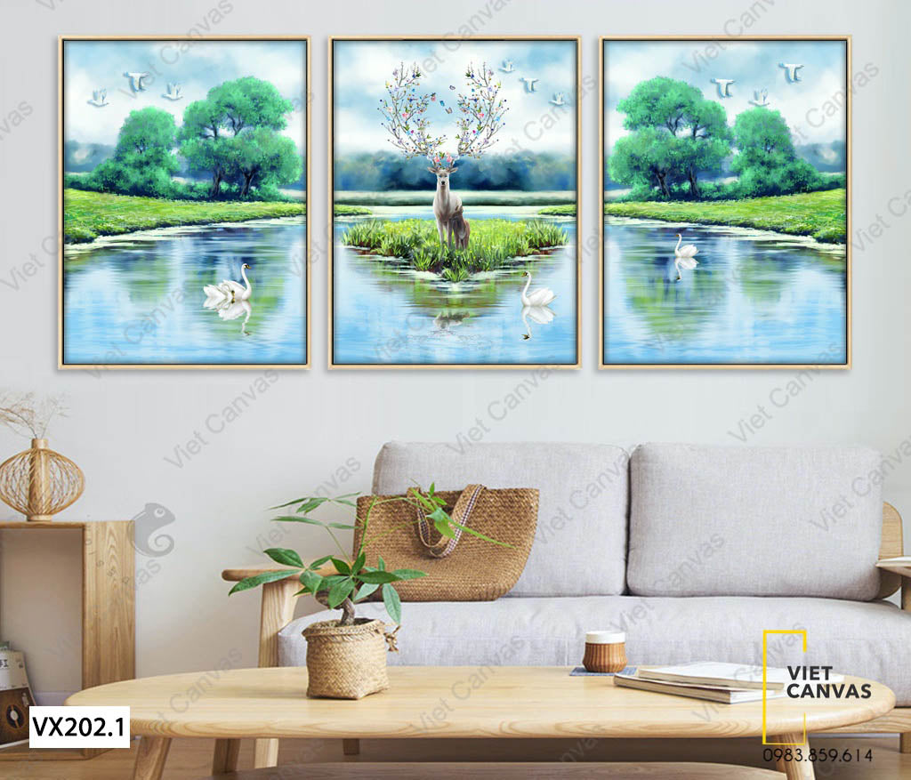 Bộ 3 Tranh Hươu, Thiên Nga Dưới Mặt Nước Xanh - VX202.1