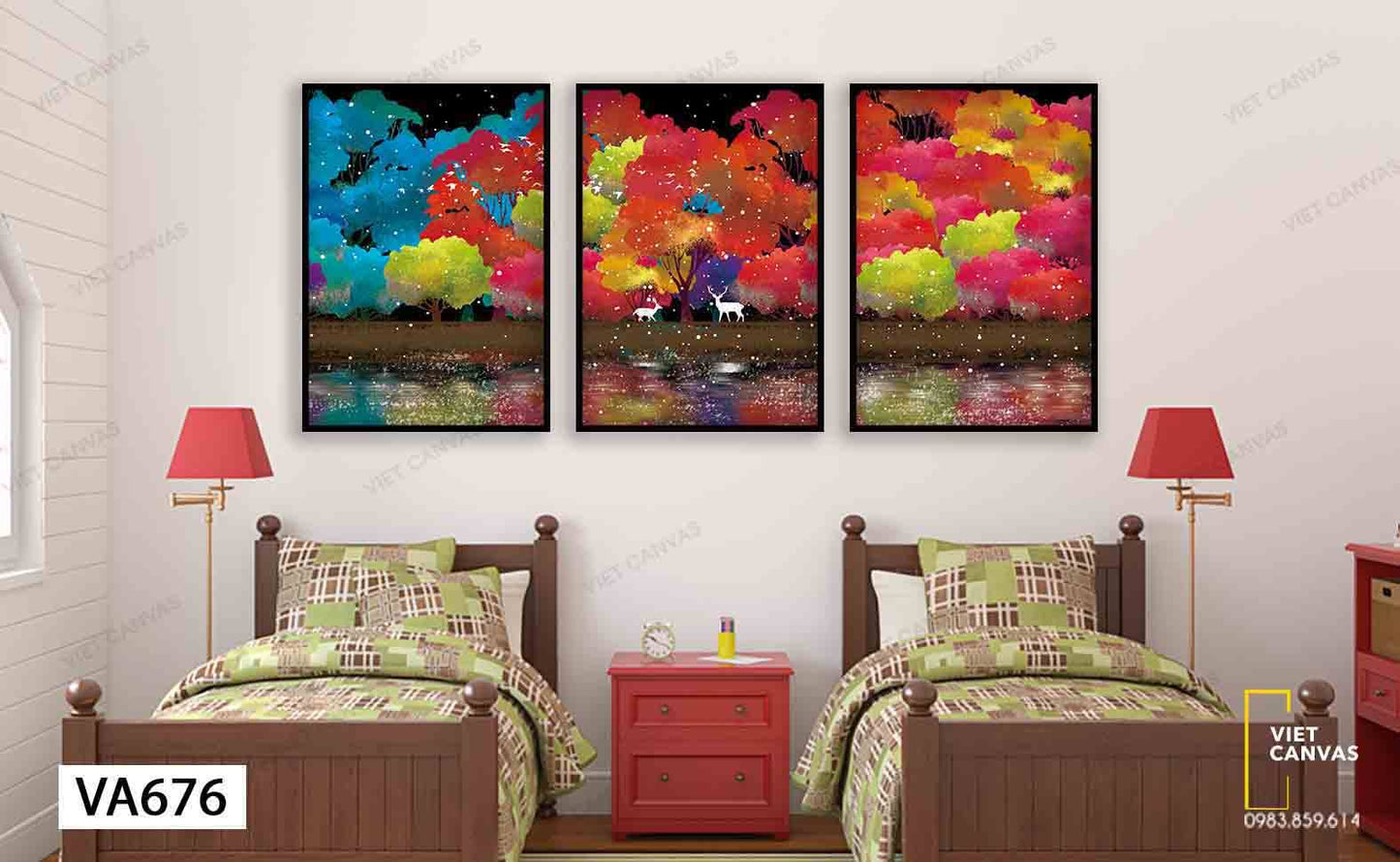 Bộ 3 Tranh Hươu Trong Rừng Cây Lá Sắc Màu - VA676
