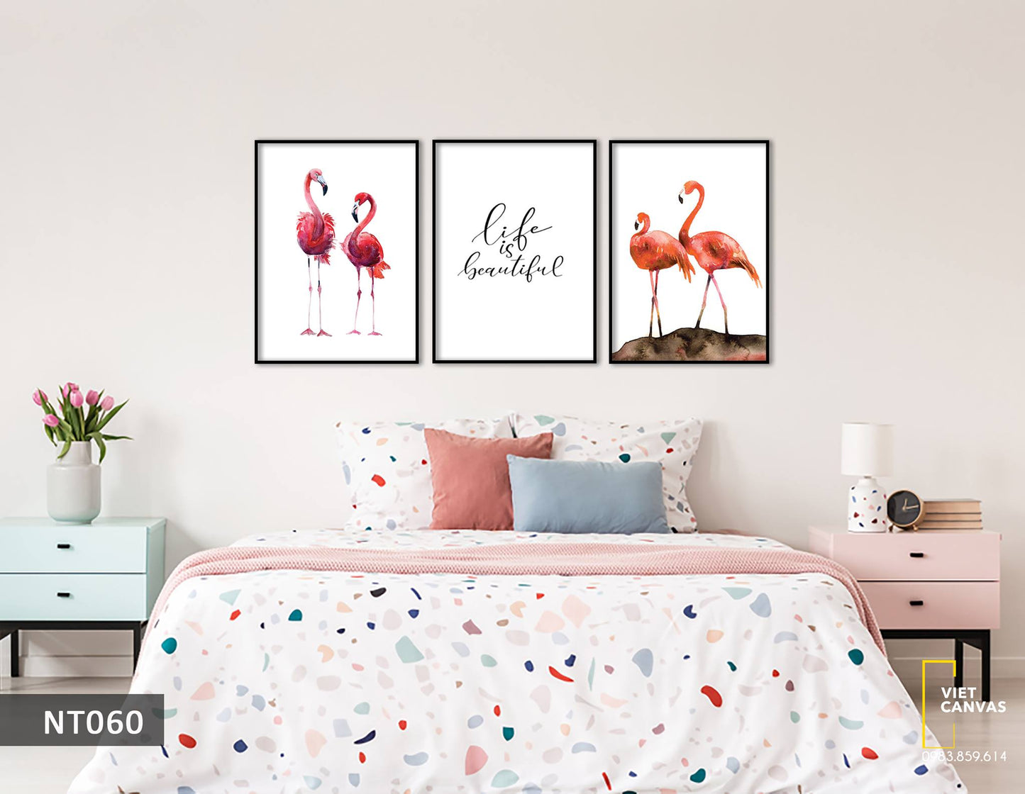 Bộ 3 Tranh Hồng Hạc Và Quotes Life Is Beautiful - NT060