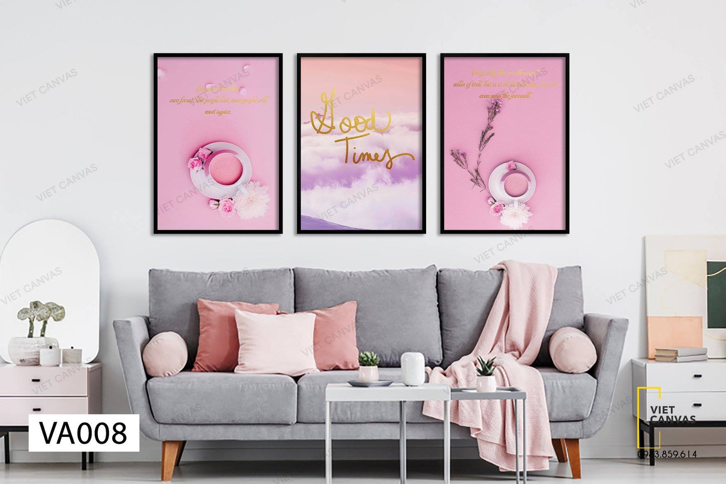 Bộ 3 Tranh Tách Trà Hồng Và Đám Mây Trắng - VA008
