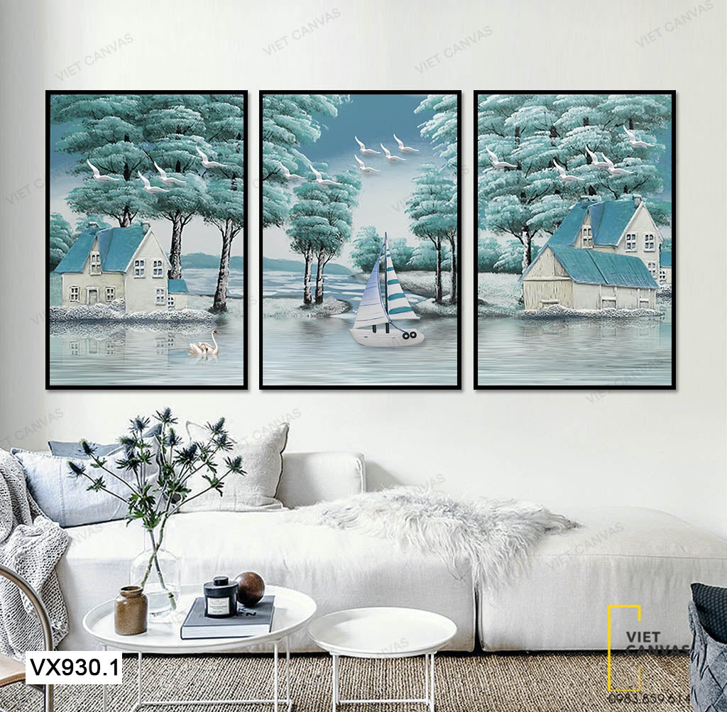Bộ 3 Tranh Nhà Và Cây Ven Sông - VX930.1