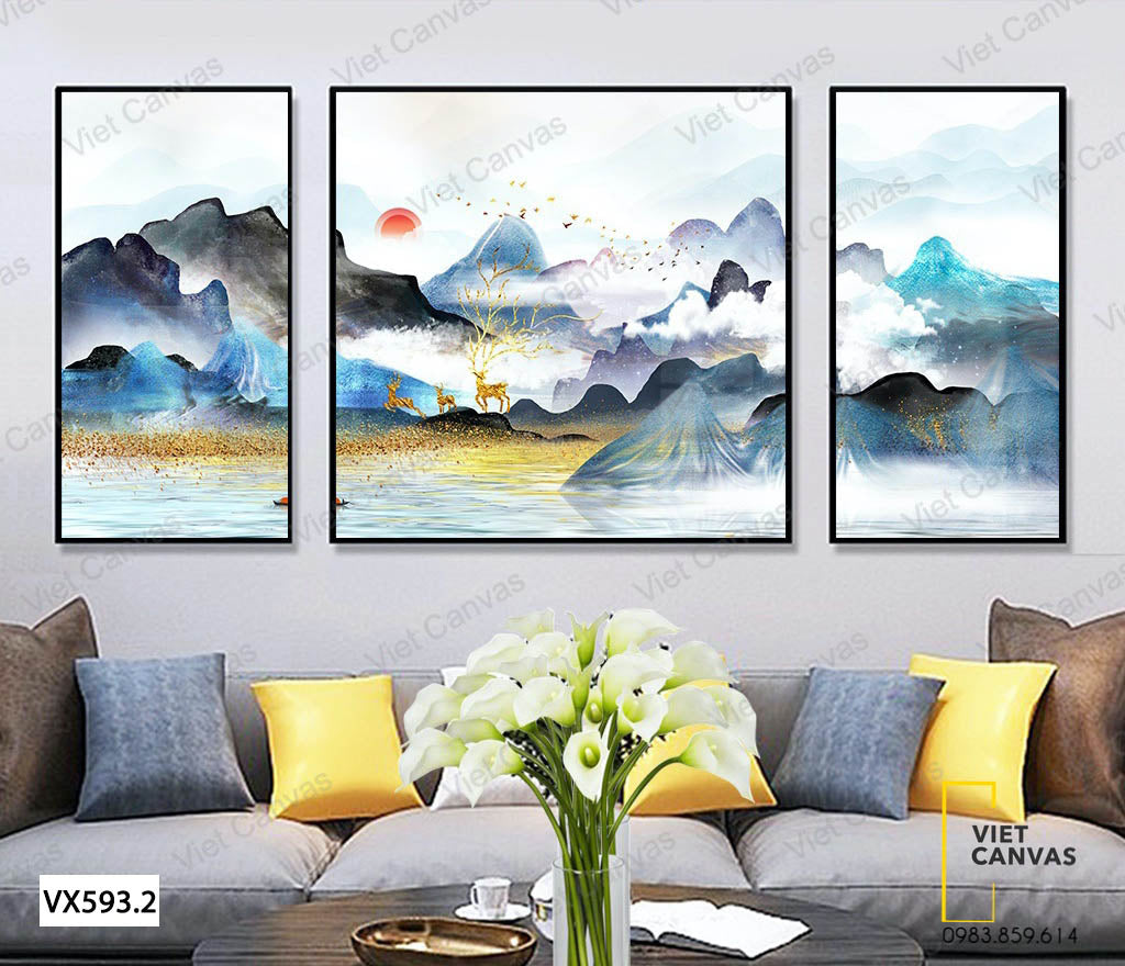 Bộ 3 Tranh Núi Và Mặt Nước Yên Tĩnh - VX539.2