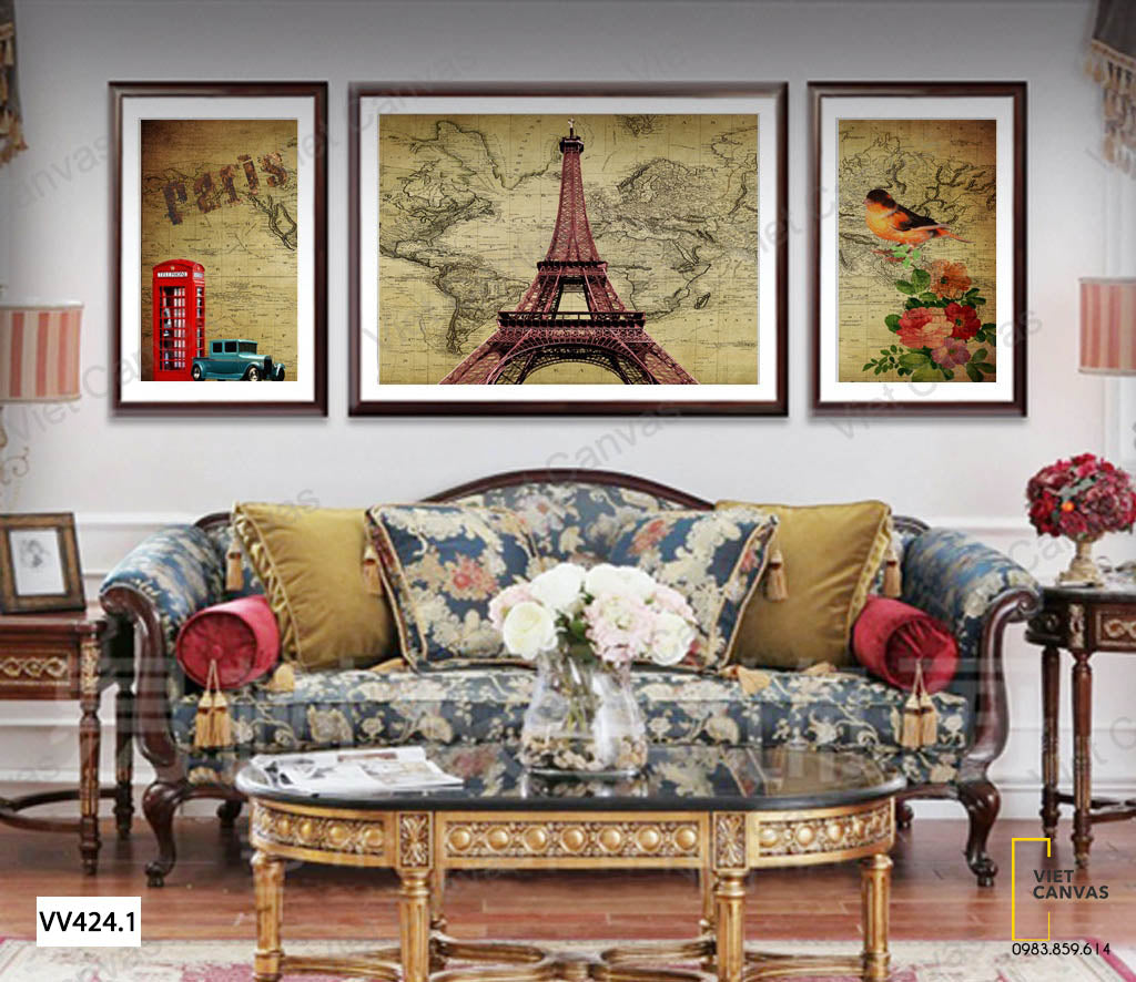 Bộ 3 Tranh Tháp Eiffel Và Bản Đồ - VV424.1