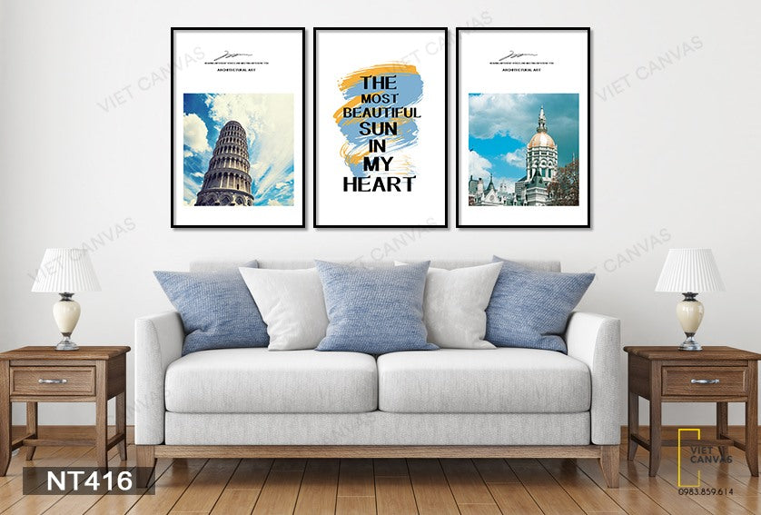 Bộ 3 Tranh Tòa Lâu Đài, Tháp Nghiêng Và Quotes - NT416