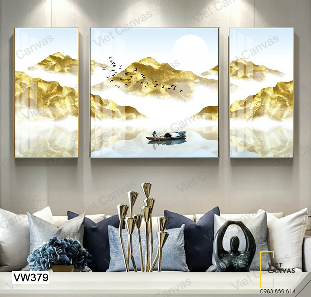 Bộ 3 Tranh Thuyền, Sông Và Núi - VW379